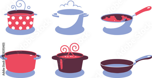 Stylized Cooking Illustration Assorted Pots and Pans with Steaming Food on Light Blue Mats