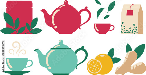Tea Time Illustration Teapots, Cups, Tea Bags, Lemon, Ginger, and Green Leaves Elements