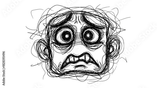 Highly anxious and stressed square face drawing created with chaotic tangled and frantic scribble lines