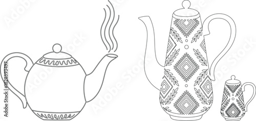 Teapot Line Art Hot Drink, Tea, Black and White, Minimalist Outline, Modern Design