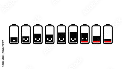 Low battery charging indicator set with cute faces showing different energy levels on grid