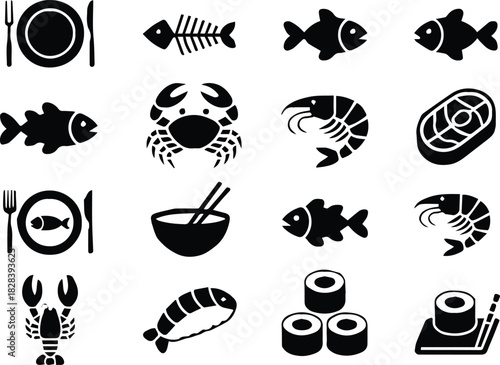 seafood icons set vector silhouettes fish crab shrimp sushi plate