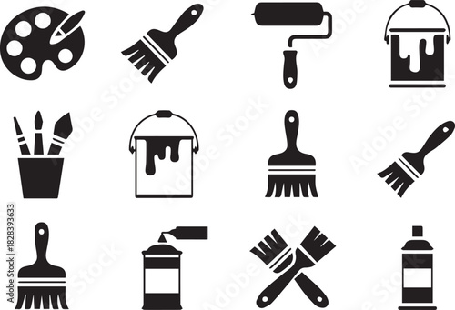 paintbrush set of painting icons palette brush roller spray tube
