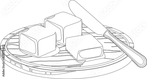 Three Butter Cubes with Knife on Decorative Plate, Outline Illustration