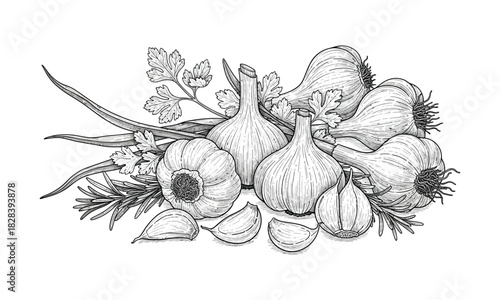 Hand drawn garlic vector illustration with herbs and garlic cloves
