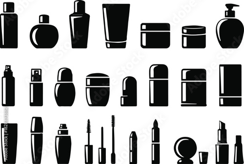cosmetics packaging silhouettes bottle jar tube spray vector set icons