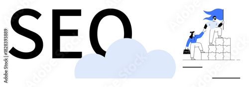 Large SEO text, cloud graphic, two individuals scaling blocks with teamwork. Ideal for search engine optimization, collaboration, marketing, growth, strategy teamwork leadership. Simple flat