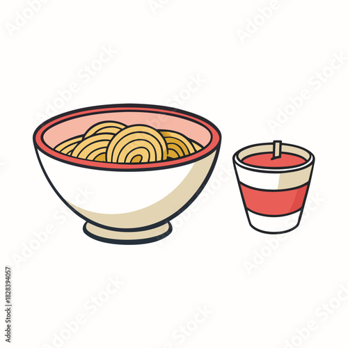 A Bowl of Soba Noodles with Dipping Cup in Vector Style