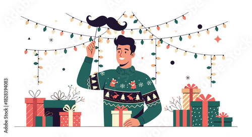 Festive holiday cheer with a fun mustache prop and gifts, perfect for seasonal marketing campaigns or joyful Christmas promotions, vector art