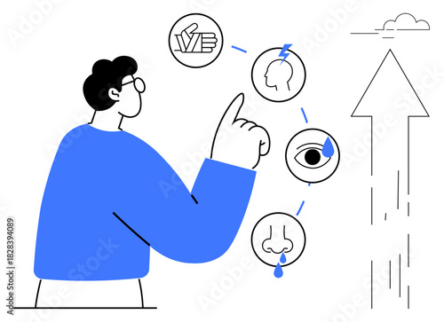 Individual pointing at interconnected symbols of mind, eye, nose, and feedback. Ideal for self-awareness, learning, growth, mindfulness, psychology communication simple flat metaphor