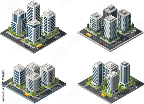 Four isometric illustrations of modern city skyscrapers and buildings with green spaces and roads on a white background