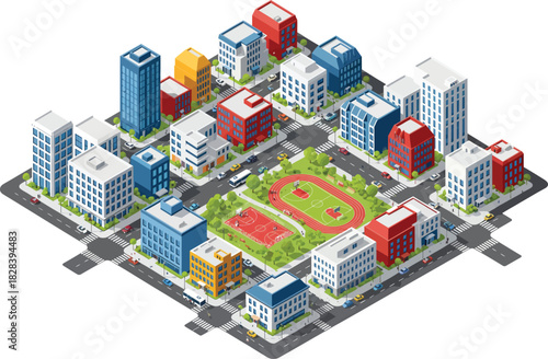 Isometric view of a vibrant city block featuring modern skyscrapers surrounding a lush green park with sports fields