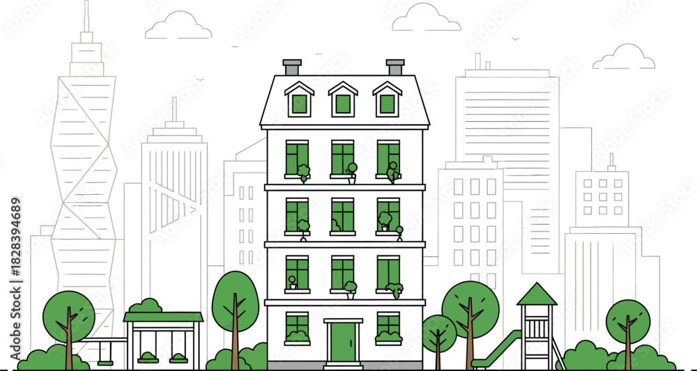 Obraz premium Charming parisian style apartment building with green trees and city skyline in a clean line art illustration