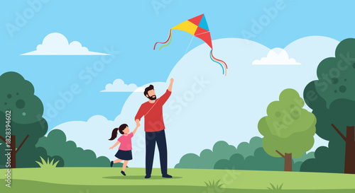 Dad and daughter enjoy quality time flying a colorful kite together in a bright park on a sunny day, making memories and enjoying outdoor activities