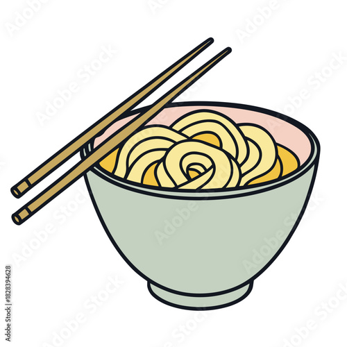 Bowl of Udon Noodles with Chopsticks on White Background