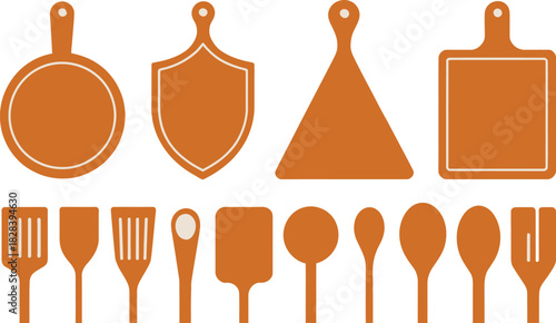 Variety of Brown Cooking Utensils Including Spatulas, Spoons, and Cutting Boards Isolated on White