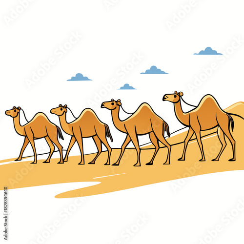 Camel herd walking across desert under cloudy skies