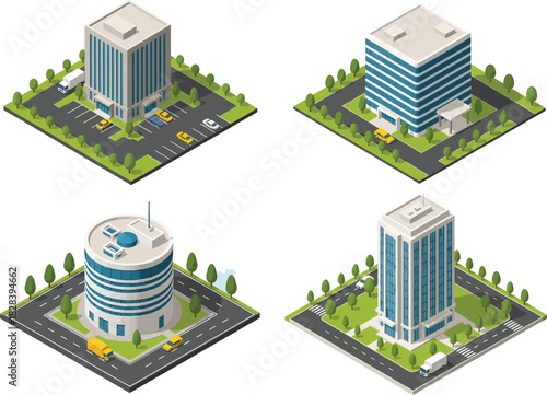 Collection of four isometric modern office buildings with surrounding green spaces and roads in a city setting