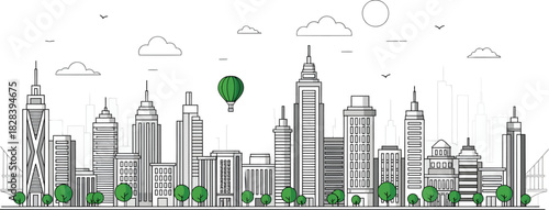 Modern cityscape with tall buildings and green trees in a minimalist hand drawn sketch style