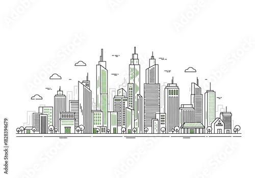 Sketchy hand drawn cityscape with diverse modern skyscrapers and green elements representing sustainability and growth