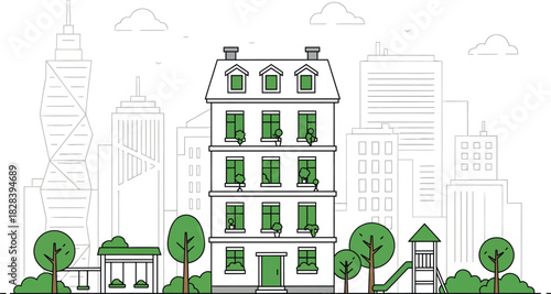 Charming parisian style apartment building with green trees and city skyline in a clean line art illustration