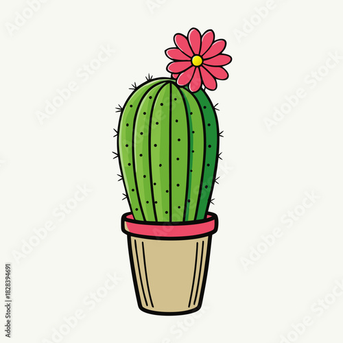 Cartoon cactus with pink flower in a tan colored pot
