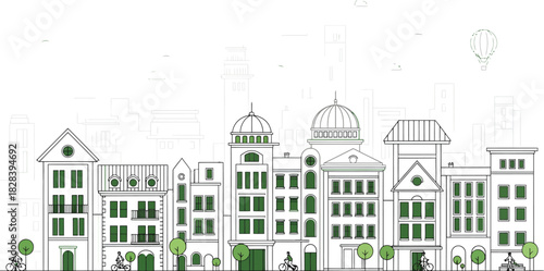 Detailed architectural sketch of a row of charming european buildings with intricate facades and green accents