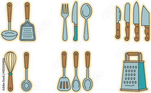 Various Kitchen Utensils Including Spoons, Knives, Fork, Whisk, Spatulas, and a Grater Illustration