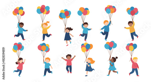 Joyful children running with colorful balloons create a festive vibe that's perfect for celebrations and heartwarming designs this spring!