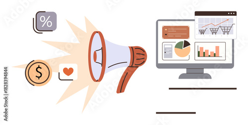 Megaphone emitting icons for dollar, heart, and percentage with a monitor displaying analytics dashboards and performance charts. Ideal for marketing, analytics, business, growth strategy