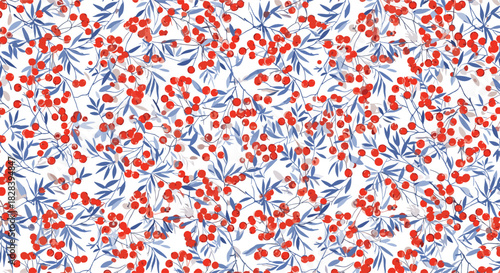 Vibrant red berries and blue leaves pattern for holiday textiles and festive designs, ideal for wrapping paper and seasonal decor projects