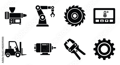 Vector Icons Representing Machinery Equipment and Industry Tools, Black