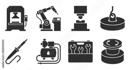 Set of Manufacturing Equipment Icons. Industrial Automation, Robotics tools.