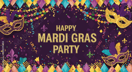 Celebrate Mardi Gras with dazzling masks and vibrant confetti, perfect for party invites and festive designs for a joyous carnival experience