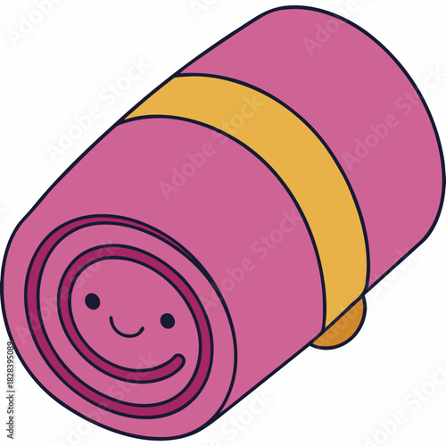 Cartoon sleeping bag with smiling face rolled up in vector style