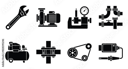 Black and White Plumbing, HVAC, or Industry Mechanical Equipment Icons Set