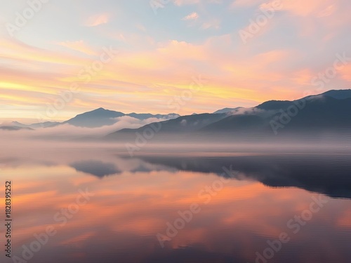 Wallpaper Mural Mist-kissed mountains at dawn, a tranquil lake mirrors the painted sky,  morning,  nature Torontodigital.ca