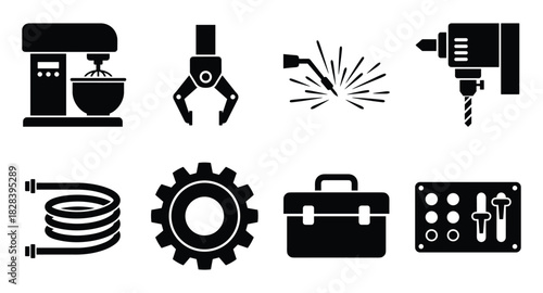 Industrial equipment silhouettes on white background, manufacturing symbols.