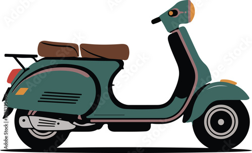 Vintage scooter vector illustration with retro teal color and brown seat for classic transportation