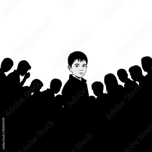 Boy standing out in a crowd of silhouettes