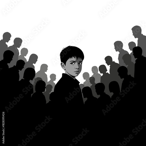 Young boy in a crowd of silhouettes