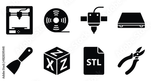 Essential 3D Printing Tools, Devices and Supplies: Detailed Icon Set
