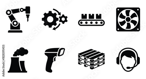 Industrial Automation Icons Vector Set: Robotics, Pallet, and Barcode Scan