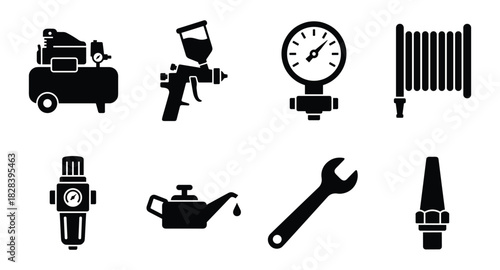 Black and White Illustration Showing Automotive Workshop Equipment Set