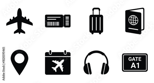 Journey Icons: Airplane, Ticket, Suitcase, Passport, and More for Travel