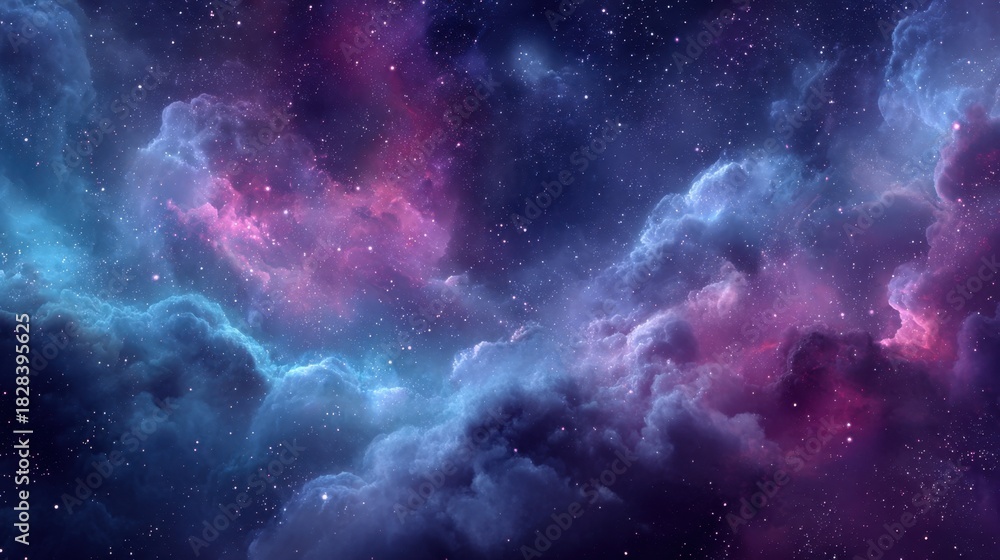 Fototapeta premium Colorful cosmic clouds swirl together creating a vibrant display of purple and blue hues against a starry night sky showcasing the beauty of the universe.
