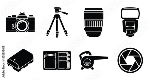 Photography Gear Set Icon Collection Black Camera Lens Tripod Vector