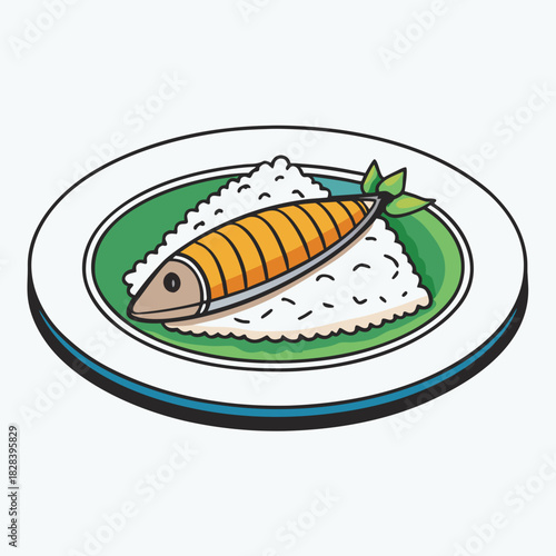 Plate of grilled fish with rice presented in colorful illustration