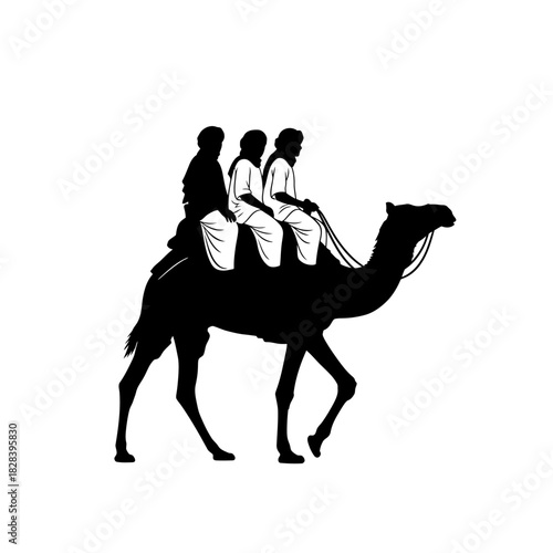 Three people riding a camel silhouette vector