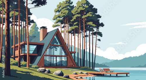 Escape to a modern A-frame cabin nestled by the serene lake, offering tranquility and a connection with nature's beauty, perfect for vacation rentals.